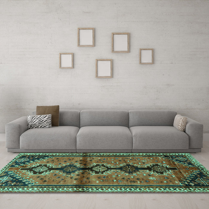 Machine Washable Persian Turquoise Traditional Area Rugs in a Living Room,, wshtr1908turq