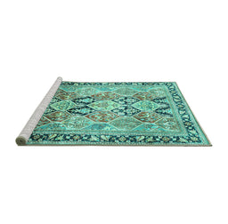 Sideview of Machine Washable Persian Turquoise Traditional Area Rugs, wshtr190turq