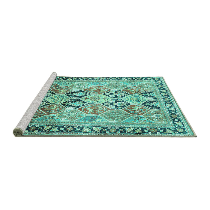 Sideview of Machine Washable Persian Turquoise Traditional Area Rugs, wshtr190turq