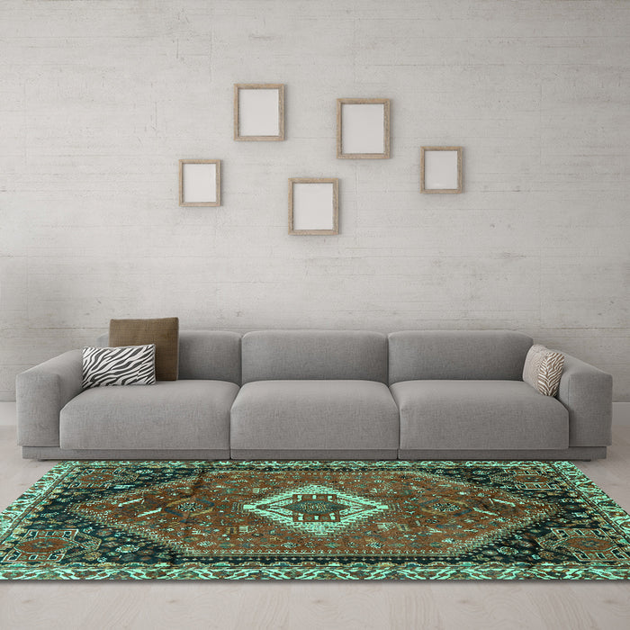Machine Washable Persian Turquoise Traditional Area Rugs in a Living Room,, wshtr1911turq