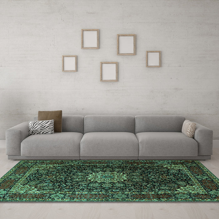 Machine Washable Persian Turquoise Traditional Area Rugs in a Living Room,, wshtr1912turq