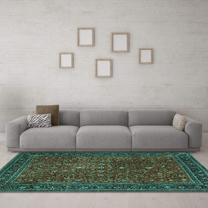 Machine Washable Persian Turquoise Traditional Area Rugs in a Living Room,, wshtr1913turq
