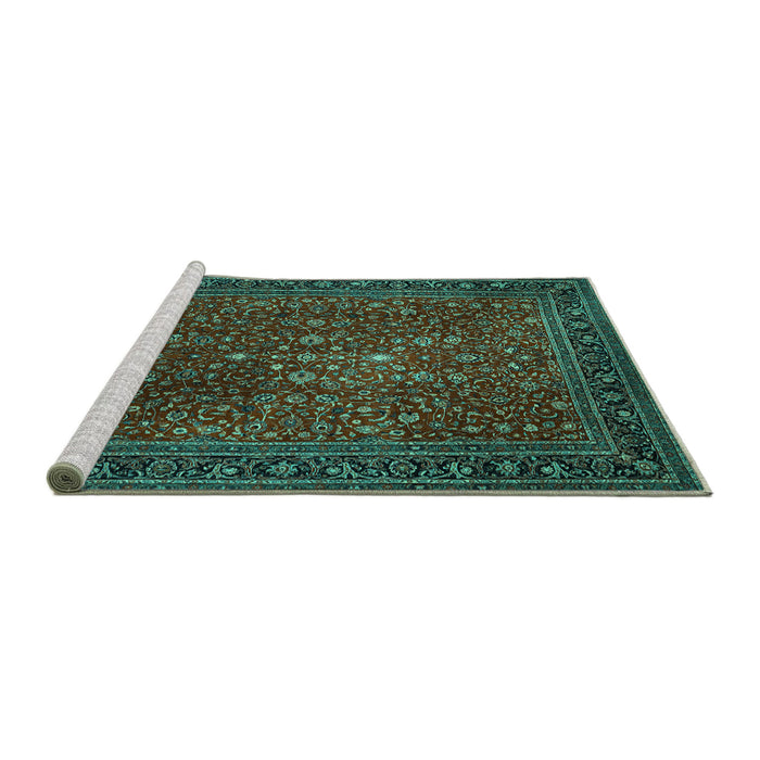 Sideview of Machine Washable Persian Turquoise Traditional Area Rugs, wshtr1913turq