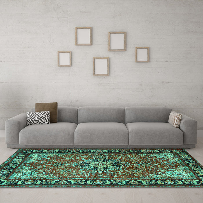 Machine Washable Persian Turquoise Traditional Area Rugs in a Living Room,, wshtr1914turq