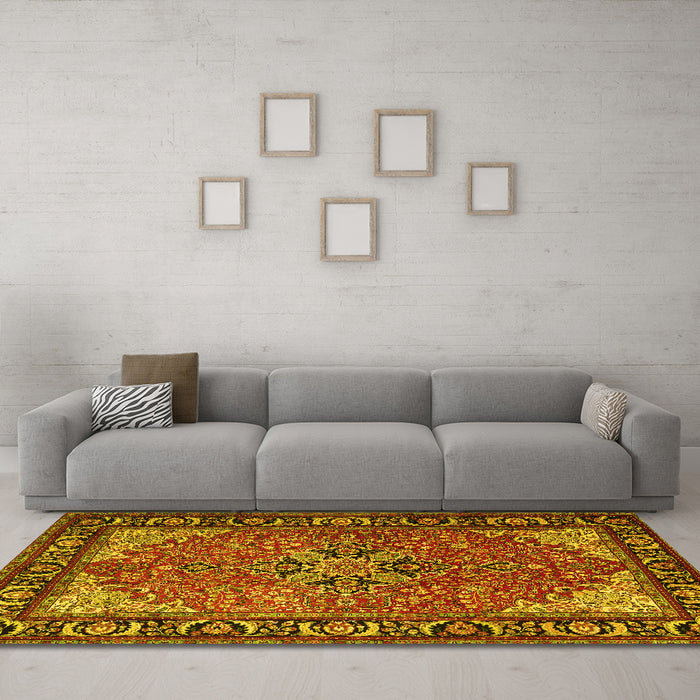 Machine Washable Persian Yellow Traditional Rug in a Living Room, wshtr1914yw