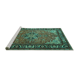 Sideview of Machine Washable Persian Turquoise Traditional Area Rugs, wshtr1914turq