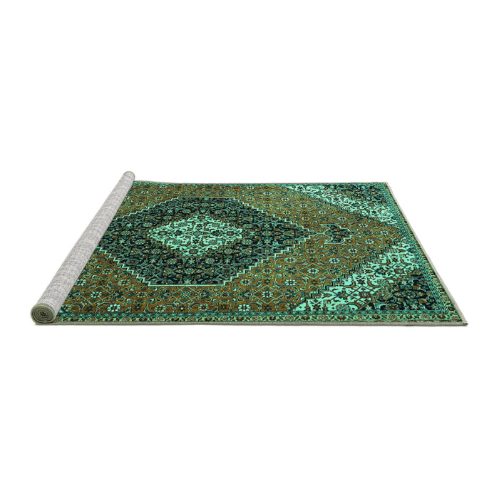 Sideview of Machine Washable Persian Turquoise Traditional Area Rugs, wshtr1916turq
