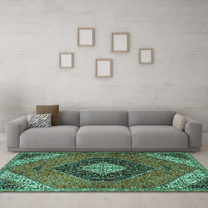 Machine Washable Persian Turquoise Traditional Area Rugs in a Living Room,, wshtr1916turq