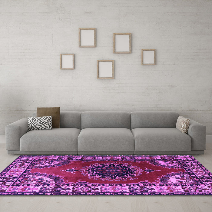 Machine Washable Medallion Purple Traditional Area Rugs in a Living Room, wshtr1919pur