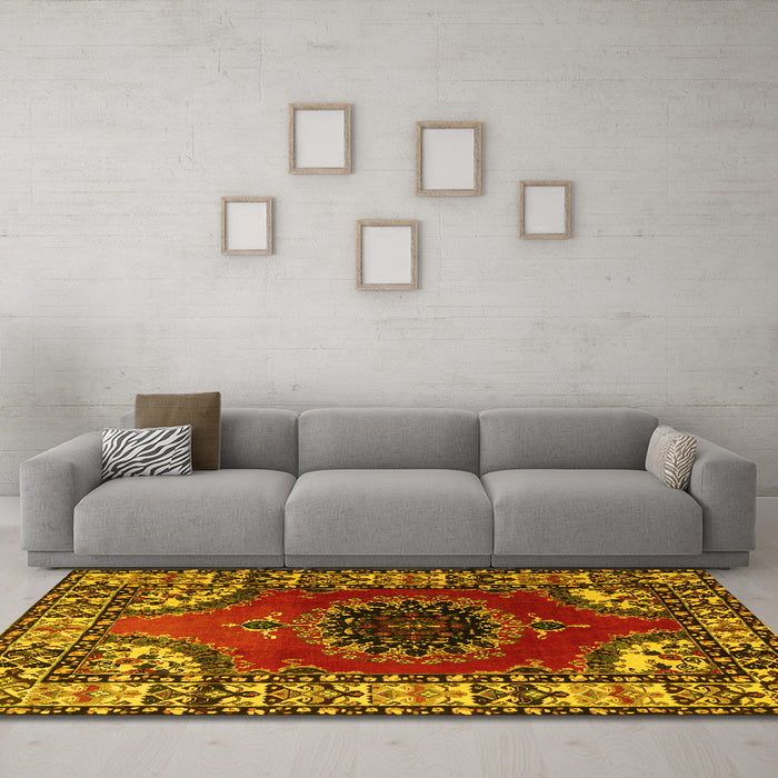 Machine Washable Medallion Yellow Traditional Rug in a Living Room, wshtr1919yw