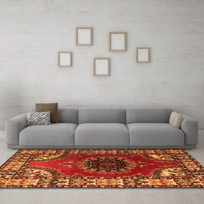 Machine Washable Medallion Orange Traditional Area Rugs in a Living Room, wshtr1919org