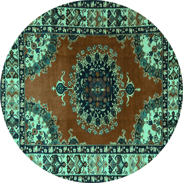 Round Machine Washable Medallion Turquoise Traditional Area Rugs, wshtr1919turq