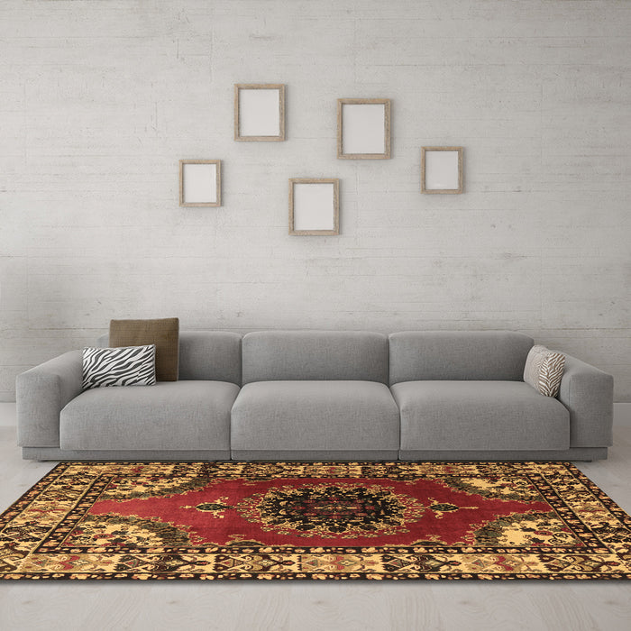 Machine Washable Medallion Brown Traditional Rug in a Living Room,, wshtr1919brn