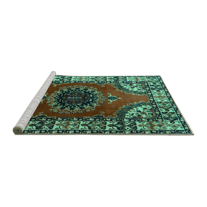 Sideview of Machine Washable Medallion Turquoise Traditional Area Rugs, wshtr1919turq
