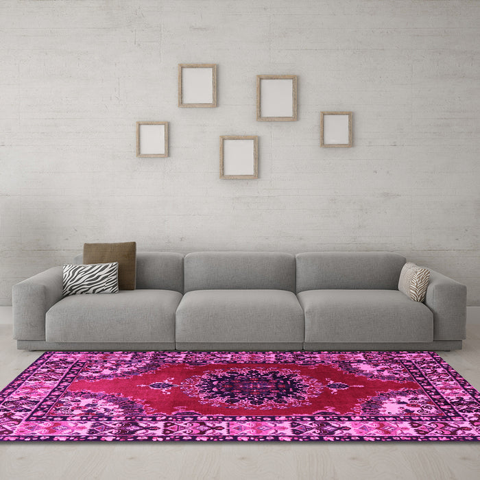 Machine Washable Medallion Pink Traditional Rug in a Living Room, wshtr1919pnk