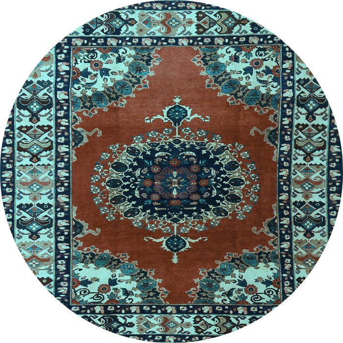 Round Machine Washable Medallion Light Blue Traditional Rug, wshtr1919lblu