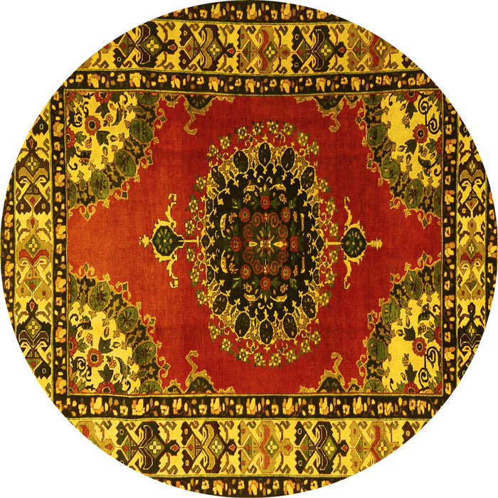 Round Machine Washable Medallion Yellow Traditional Rug, wshtr1919yw