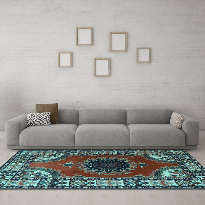 Machine Washable Medallion Light Blue Traditional Rug in a Living Room, wshtr1919lblu