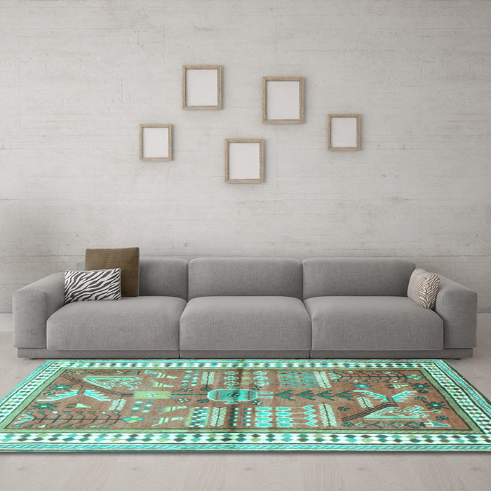 Machine Washable Animal Turquoise Traditional Area Rugs in a Living Room,, wshtr191turq