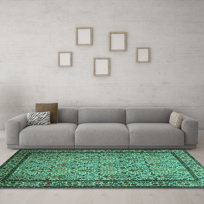 Machine Washable Persian Turquoise Traditional Area Rugs in a Living Room,, wshtr1921turq