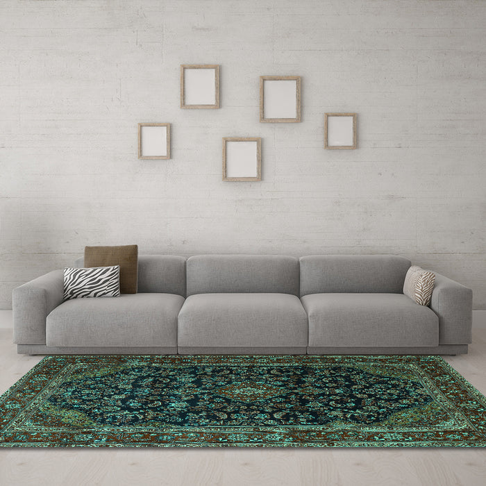 Machine Washable Persian Turquoise Traditional Area Rugs in a Living Room,, wshtr1922turq