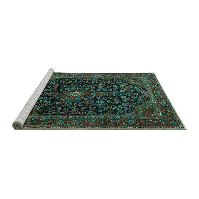 Sideview of Machine Washable Persian Turquoise Traditional Area Rugs, wshtr1922turq