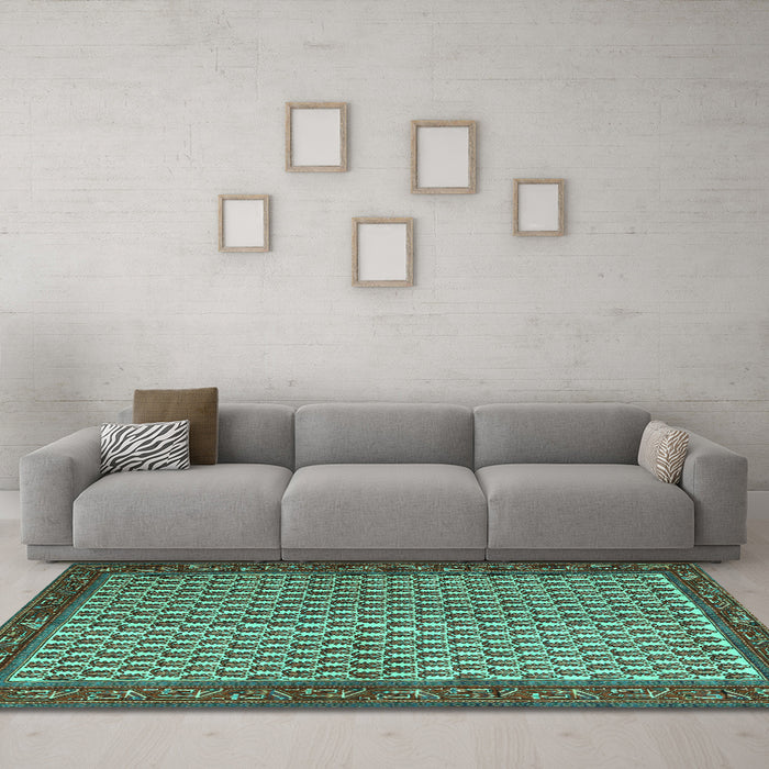 Machine Washable Persian Turquoise Traditional Area Rugs in a Living Room,, wshtr1923turq
