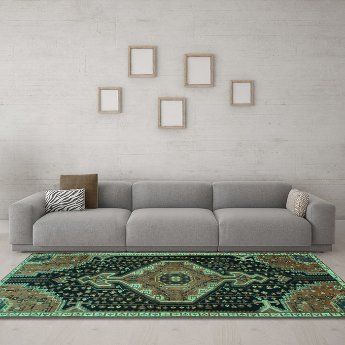 Machine Washable Persian Turquoise Traditional Area Rugs in a Living Room,, wshtr1924turq