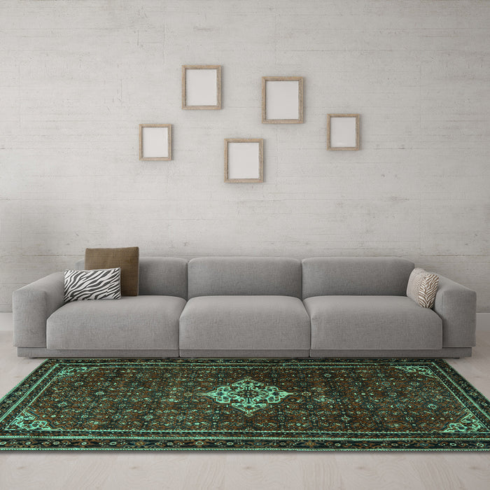 Machine Washable Persian Turquoise Traditional Area Rugs in a Living Room,, wshtr1925turq