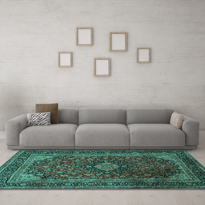 Machine Washable Persian Turquoise Traditional Area Rugs in a Living Room,, wshtr1926turq