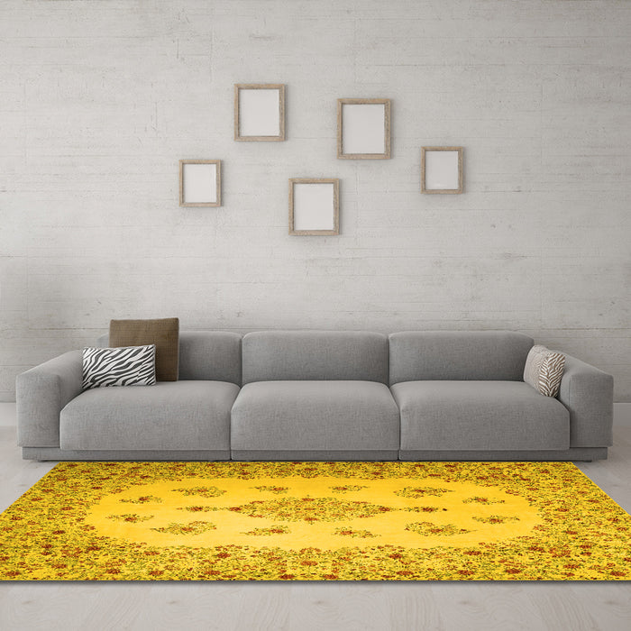 Machine Washable Medallion Yellow Traditional Rug in a Living Room, wshtr1927yw