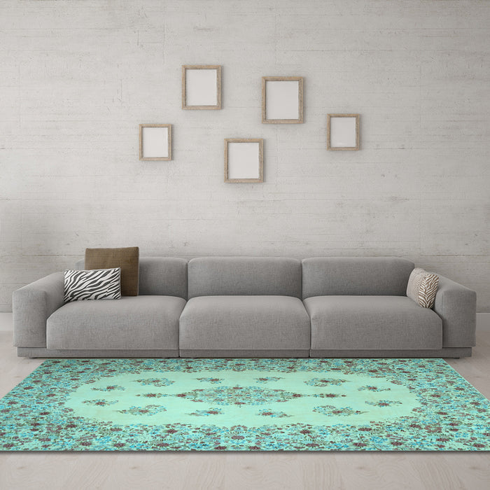 Machine Washable Medallion Light Blue Traditional Rug in a Living Room, wshtr1927lblu