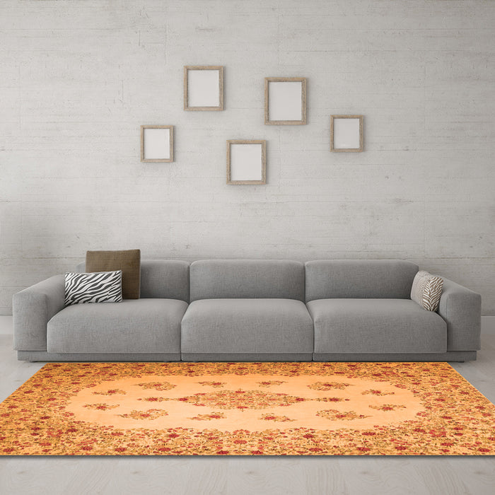Machine Washable Medallion Orange Traditional Area Rugs in a Living Room, wshtr1927org