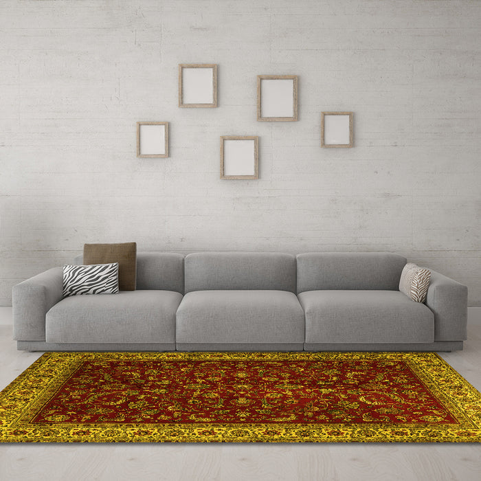Machine Washable Persian Yellow Traditional Rug in a Living Room, wshtr1928yw
