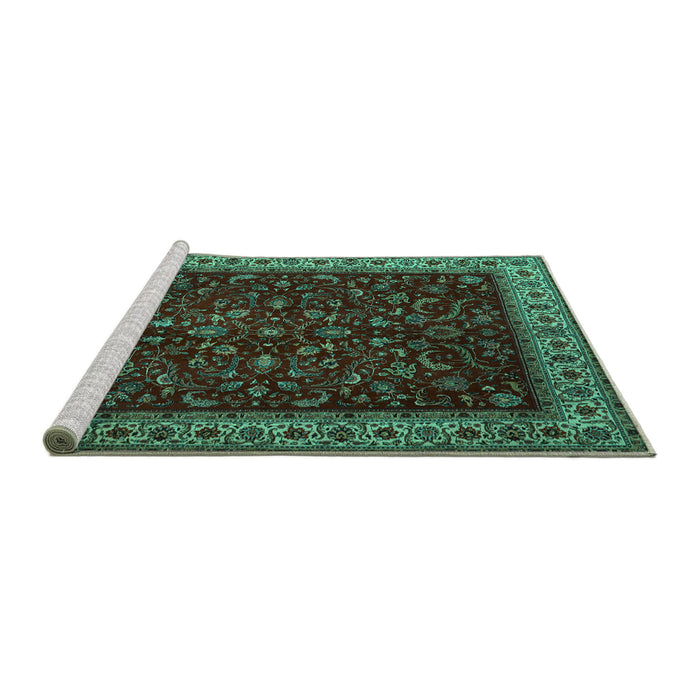 Sideview of Machine Washable Persian Turquoise Traditional Area Rugs, wshtr1928turq