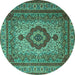 Round Machine Washable Medallion Turquoise Traditional Area Rugs, wshtr1929turq