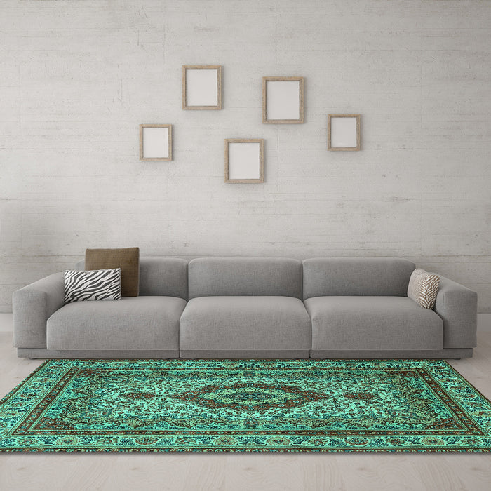 Machine Washable Medallion Turquoise Traditional Area Rugs in a Living Room,, wshtr1929turq