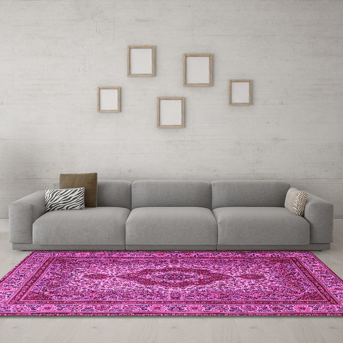 Machine Washable Medallion Pink Traditional Rug in a Living Room, wshtr1929pnk