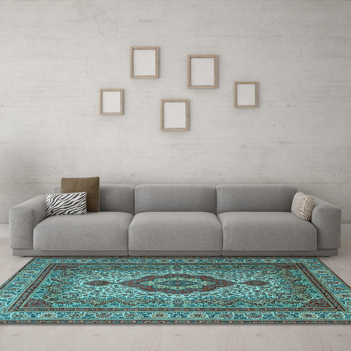Machine Washable Medallion Light Blue Traditional Rug in a Living Room, wshtr1929lblu