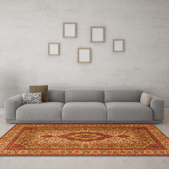 Machine Washable Medallion Orange Traditional Area Rugs in a Living Room, wshtr1929org