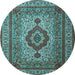 Round Machine Washable Medallion Light Blue Traditional Rug, wshtr1929lblu