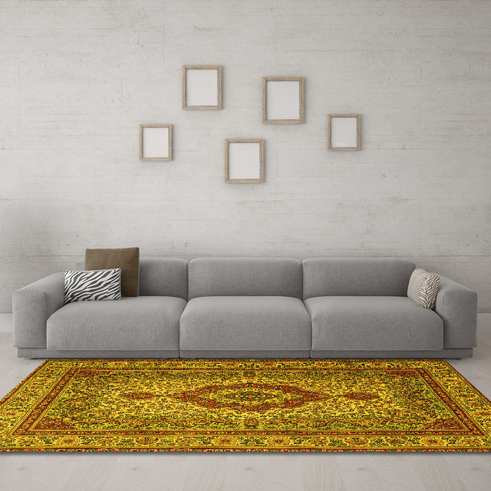 Machine Washable Medallion Yellow Traditional Rug in a Living Room, wshtr1929yw