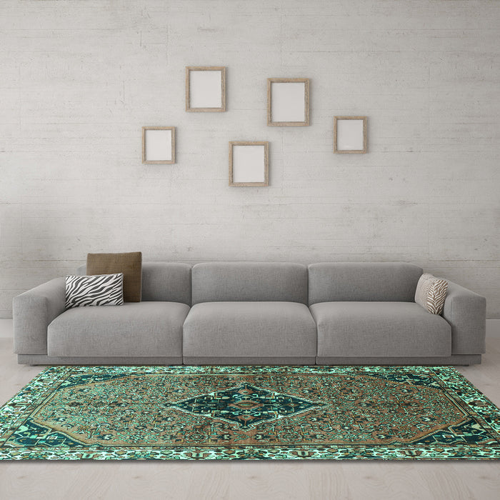 Machine Washable Persian Turquoise Traditional Area Rugs in a Living Room,, wshtr192turq