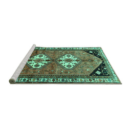 Sideview of Machine Washable Persian Turquoise Traditional Area Rugs, wshtr1932turq
