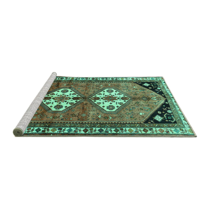 Sideview of Machine Washable Persian Turquoise Traditional Area Rugs, wshtr1932turq