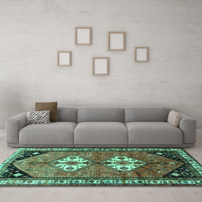 Machine Washable Persian Turquoise Traditional Area Rugs in a Living Room,, wshtr1932turq