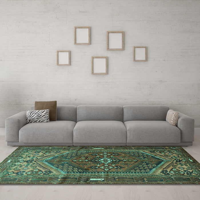 Machine Washable Persian Turquoise Traditional Area Rugs in a Living Room,, wshtr1933turq