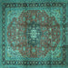 Square Machine Washable Medallion Turquoise Traditional Area Rugs, wshtr1934turq