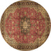 Round Machine Washable Medallion Brown Traditional Rug, wshtr1934brn