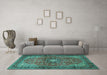 Machine Washable Medallion Turquoise Traditional Area Rugs in a Living Room,, wshtr1934turq